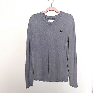 American Eagle Men's Gray Cotton V Neck Long Sleeve Sweater Size Large